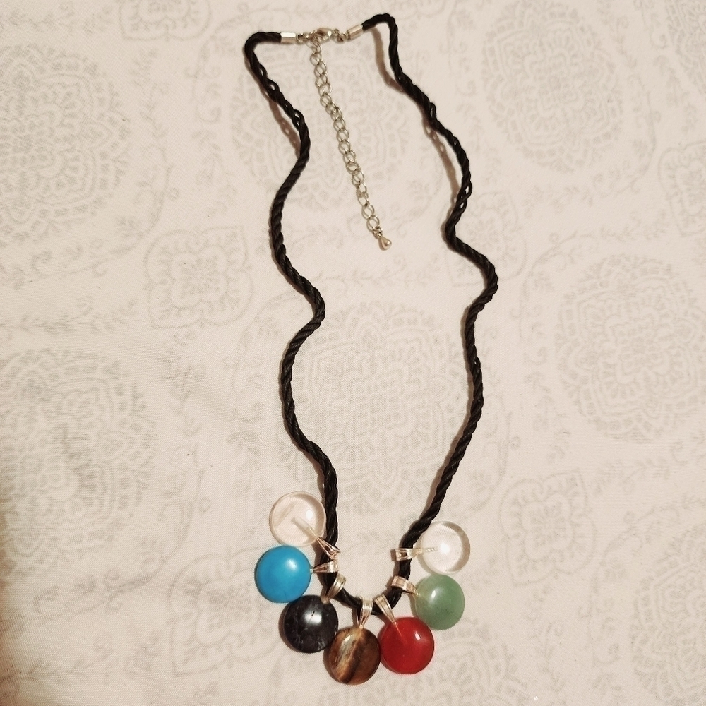 Seven Natural Stone Pendant Necklace on Black Rope Lobster Claw Clasp Quarts EUC